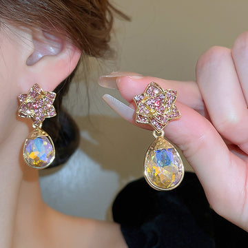 Silver Needle Inlaid Diamond Drop Flower Small Retro Style Temperament Light Luxury High Sense