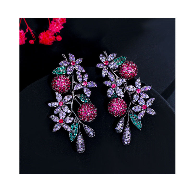 Silver Needle Magazine Style Luxury Hyperbolic Party Earrings 3D Fruit Flowers Micro Paved Zirconia Earrings