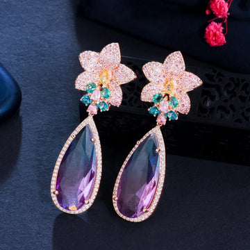 Micro Pave Pink Cubic Zirconia Flower Big Water Drop Rainbow Topaz Crystal Long Luxury Earring for Women