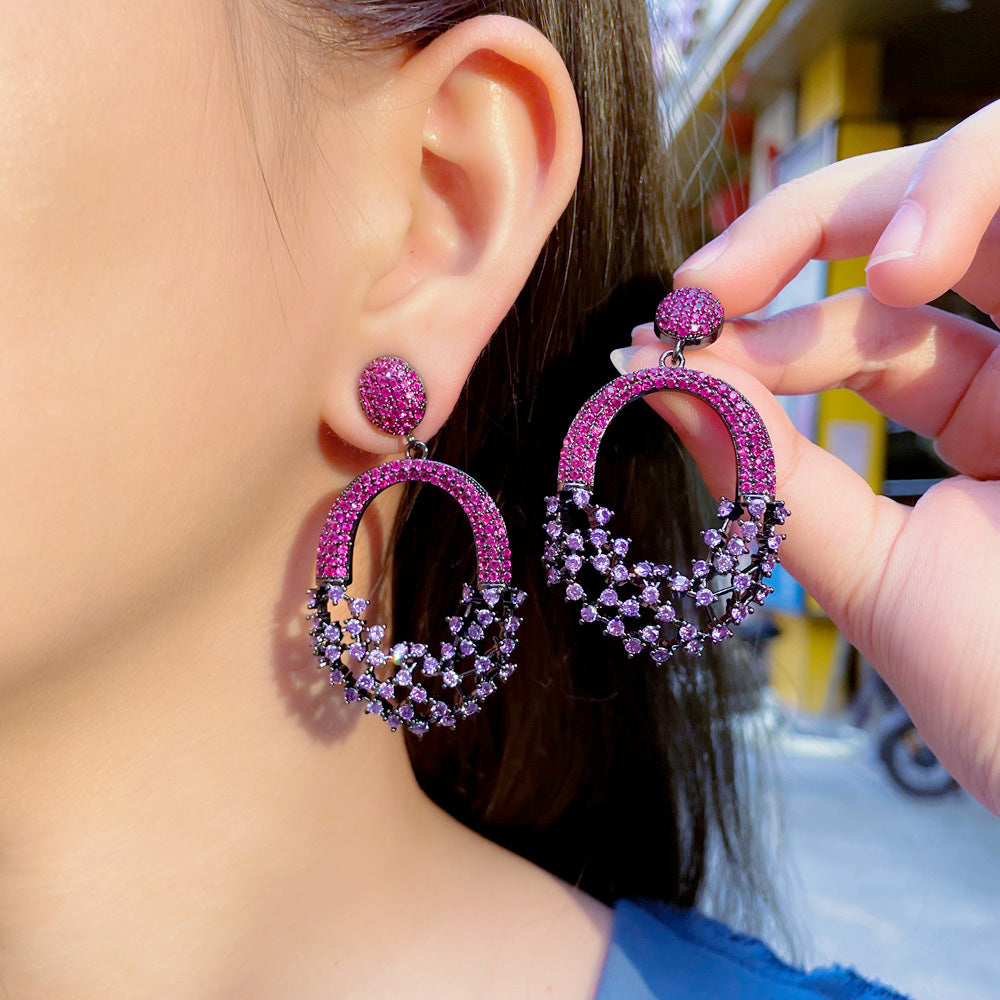 Elegant Hollow Out Purple Red Cubic Zirconia Crystal Engagement Wedding Big Dangle Earrings for Women