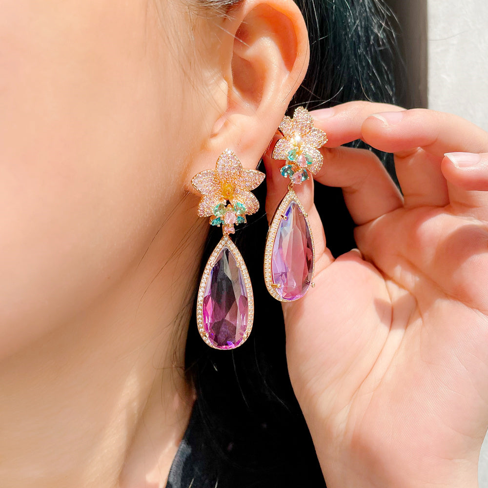 Micro Pave Pink Cubic Zirconia Flower Big Water Drop Rainbow Topaz Crystal Long Luxury Earring for Women