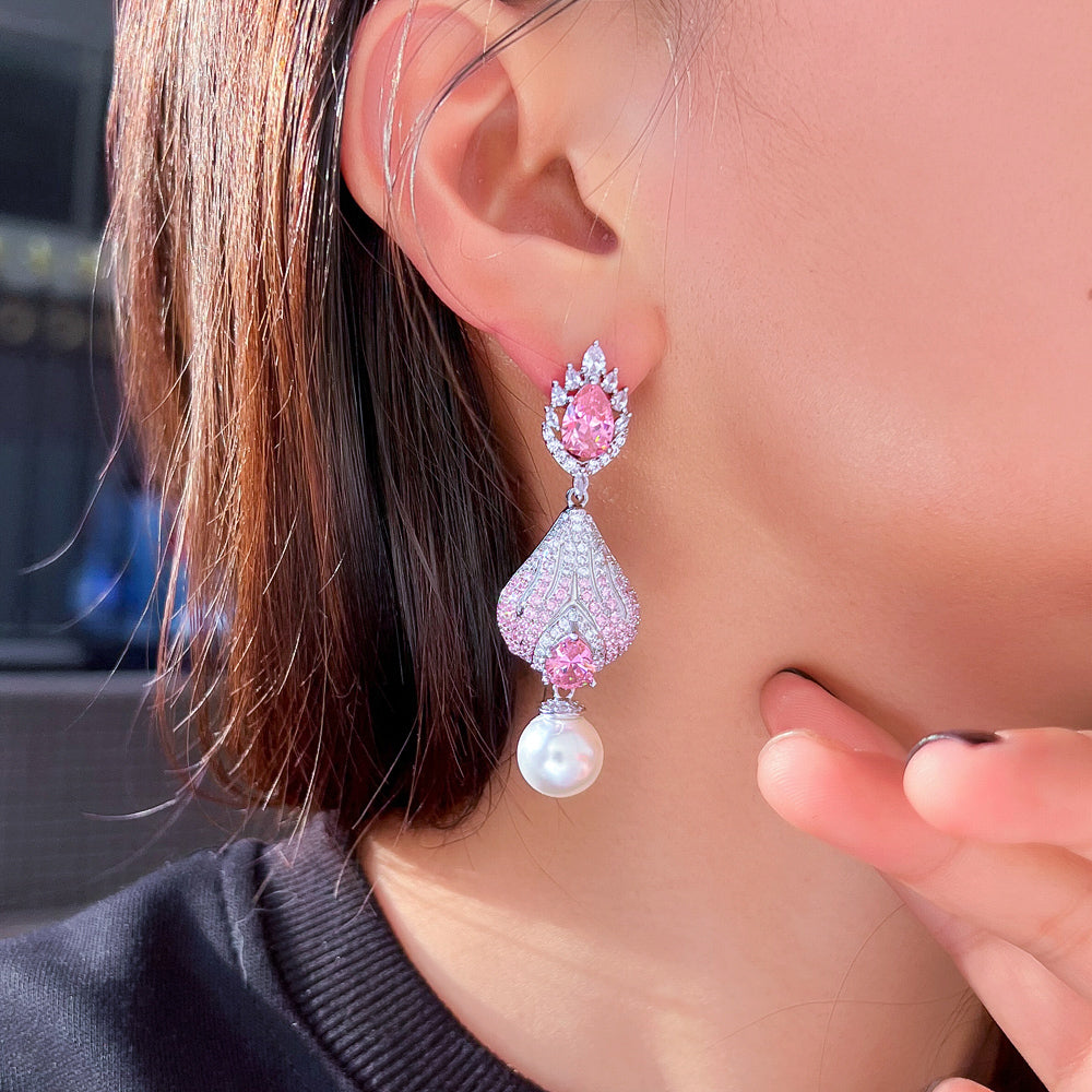 Luxury Chunky Pink White Cubic Zirconia Earrings for Women Festival Party Jewelry