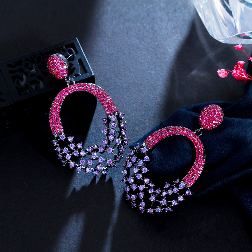 Elegant Hollow Out Purple Red Cubic Zirconia Crystal Engagement Wedding Big Dangle Earrings for Women