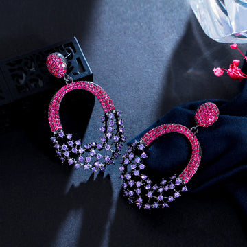 Elegant Hollow Out Purple Red Cubic Zirconia Crystal Engagement Wedding Big Dangle Earrings for Women