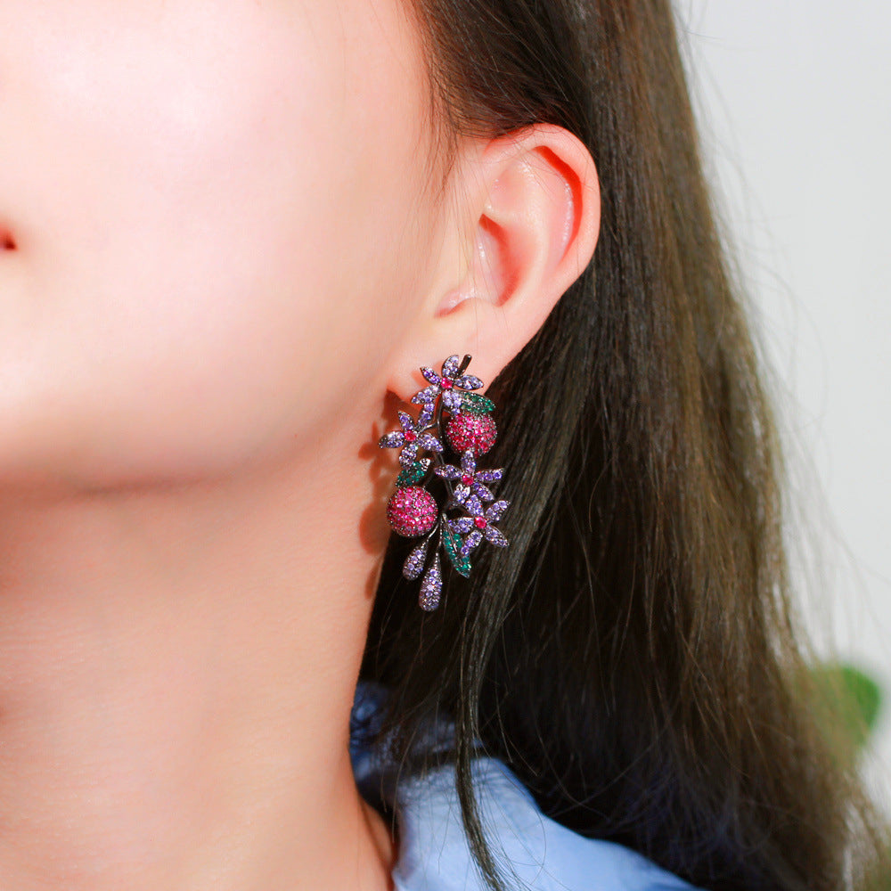 Silver Needle Magazine Style Luxury Hyperbolic Party Earrings 3D Fruit Flowers Micro Paved Zirconia Earrings