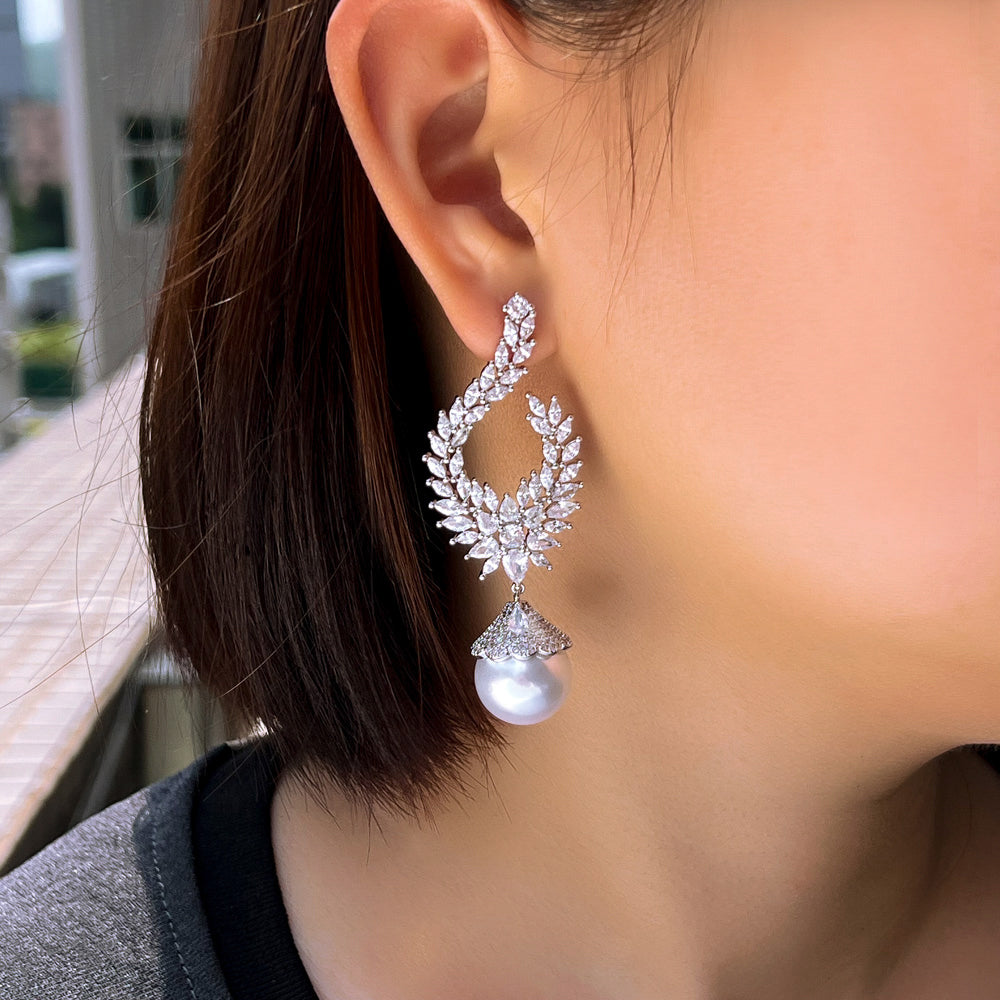 Trendy Sparkly White Cubic Zirconia CZ Big Imitation Pearl Wedding Bridal Long Dangle Drop Earrings for Women Jewelry